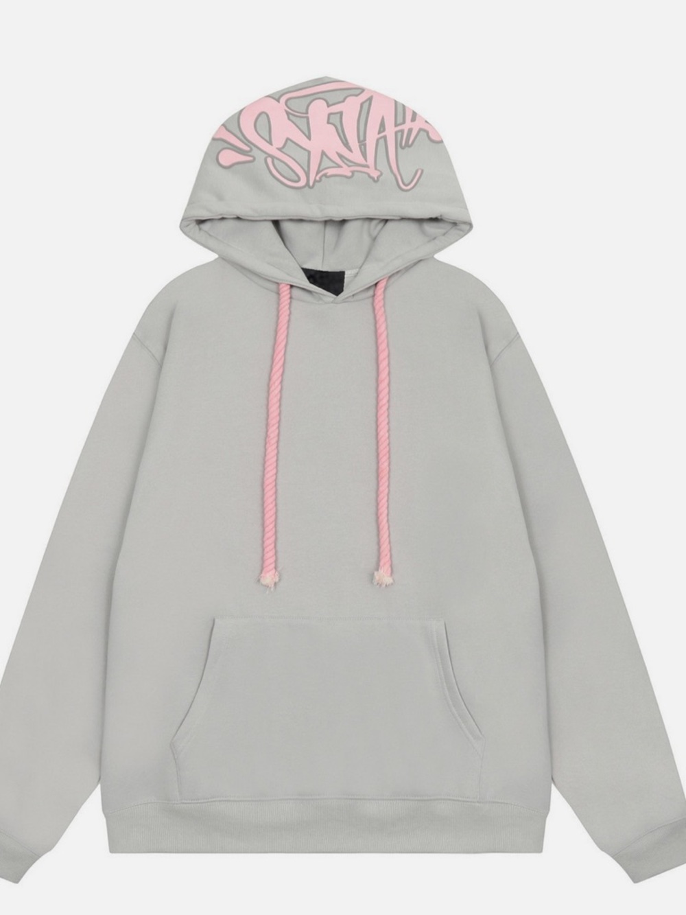 Grey Hoodie with Syna world Pink Drawcords and Hood Graphic